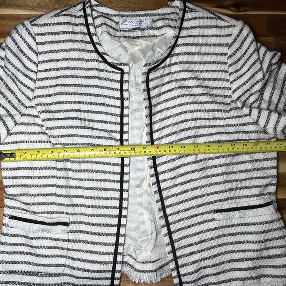 Tahari by ASL Boucle Open Front Fray Trim Black and White Striped Jacket Sz 16P - Picture 4 of 11